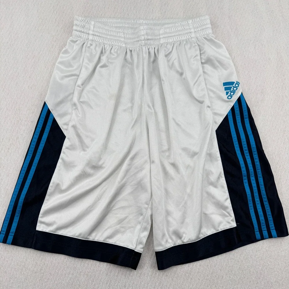 Vintage Y2K Adidas Mens Basketball Shorts White Striped Shiny Mesh Baggy M/L